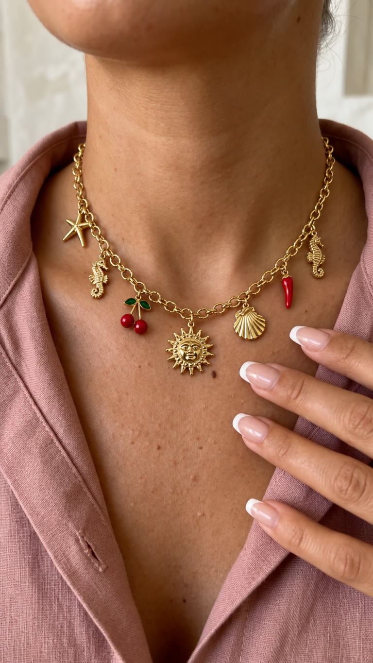 Collier doré aux pendentifs estivaux